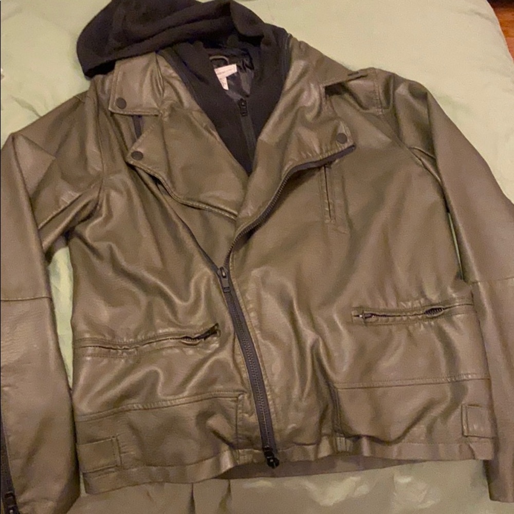 Olive Green Leather Jacket with Black Hood